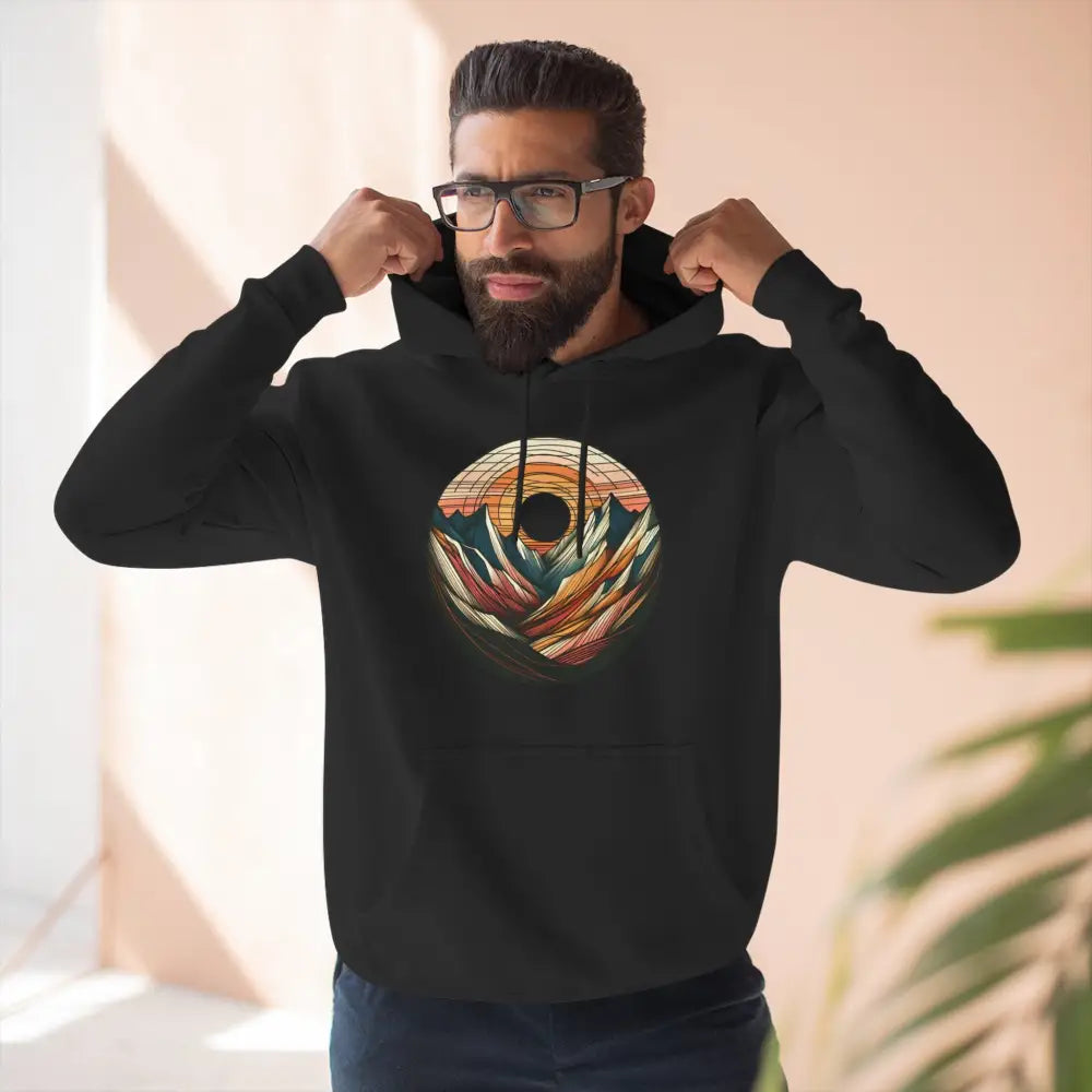 Black three-panel fleece hoodie with mountain sunset graphic and kangaroo pouch pocket