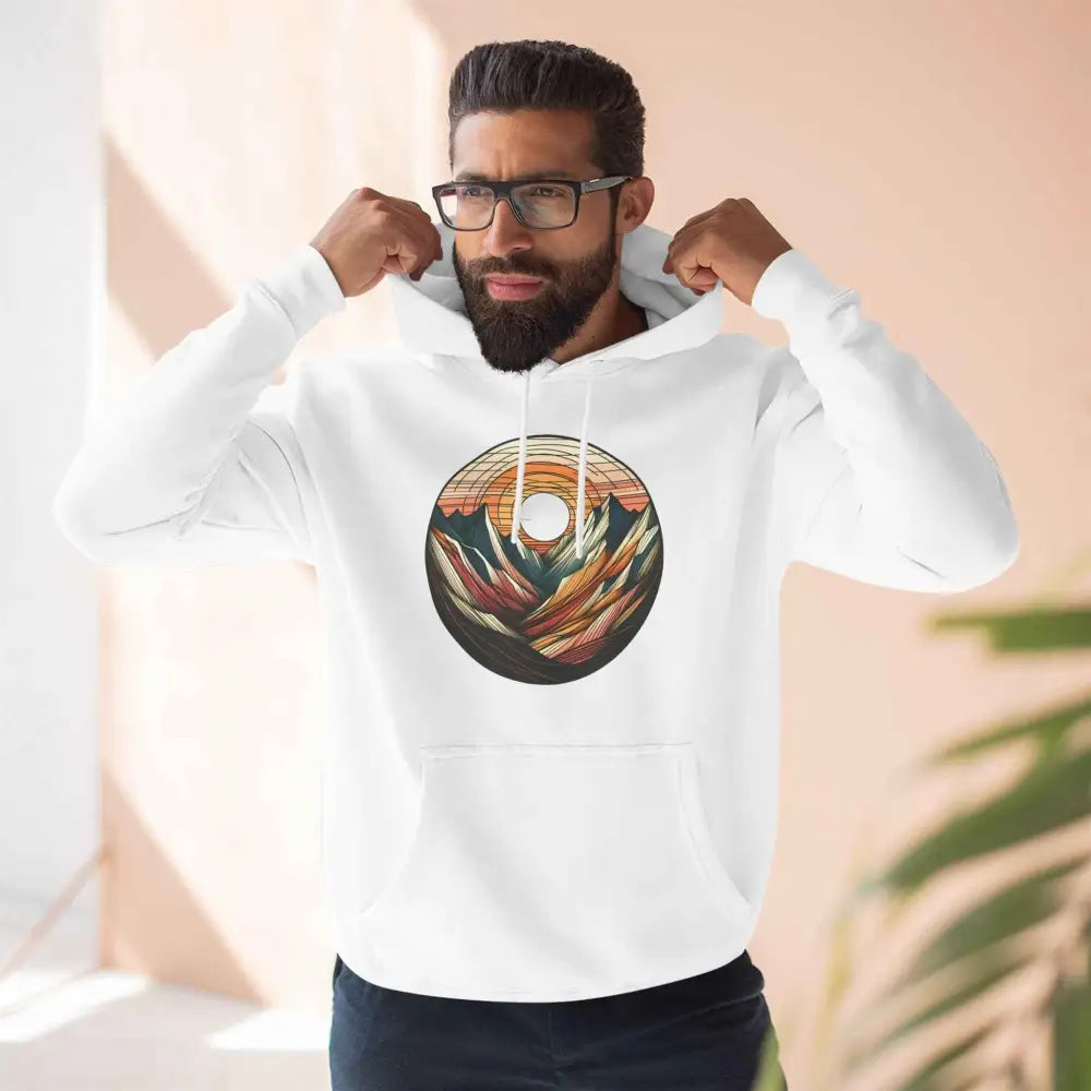 Man wearing Cozy Mountain Sunrise unisex hoodie with three-panel fleece, kangaroo pouch pocket