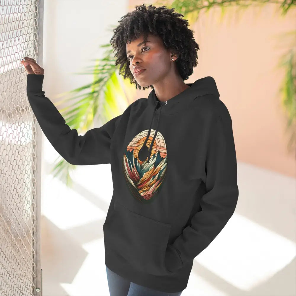 Black hooded sweatshirt with colorful abstract design, three-panel fleece hoodie, outdoor style