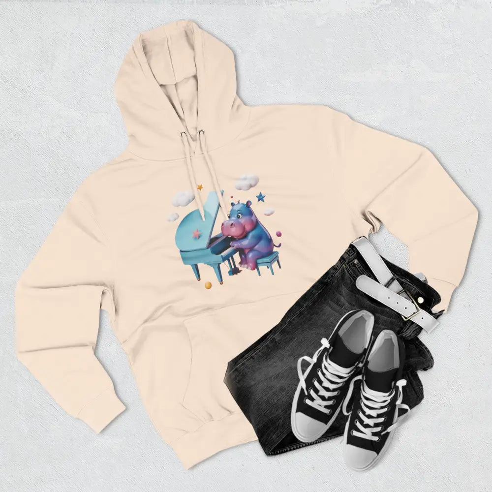 Light beige fleece hoodie with cartoon hippo playing piano, cozy and delightful fleece hoodie for kids and teens