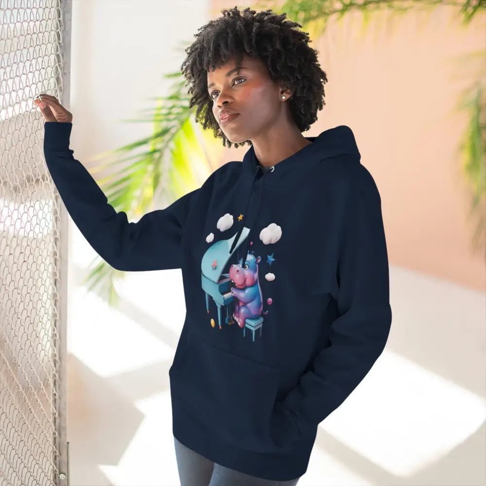 Dark blue fleece hoodie with a hippopotamus playing piano, perfect for music lovers