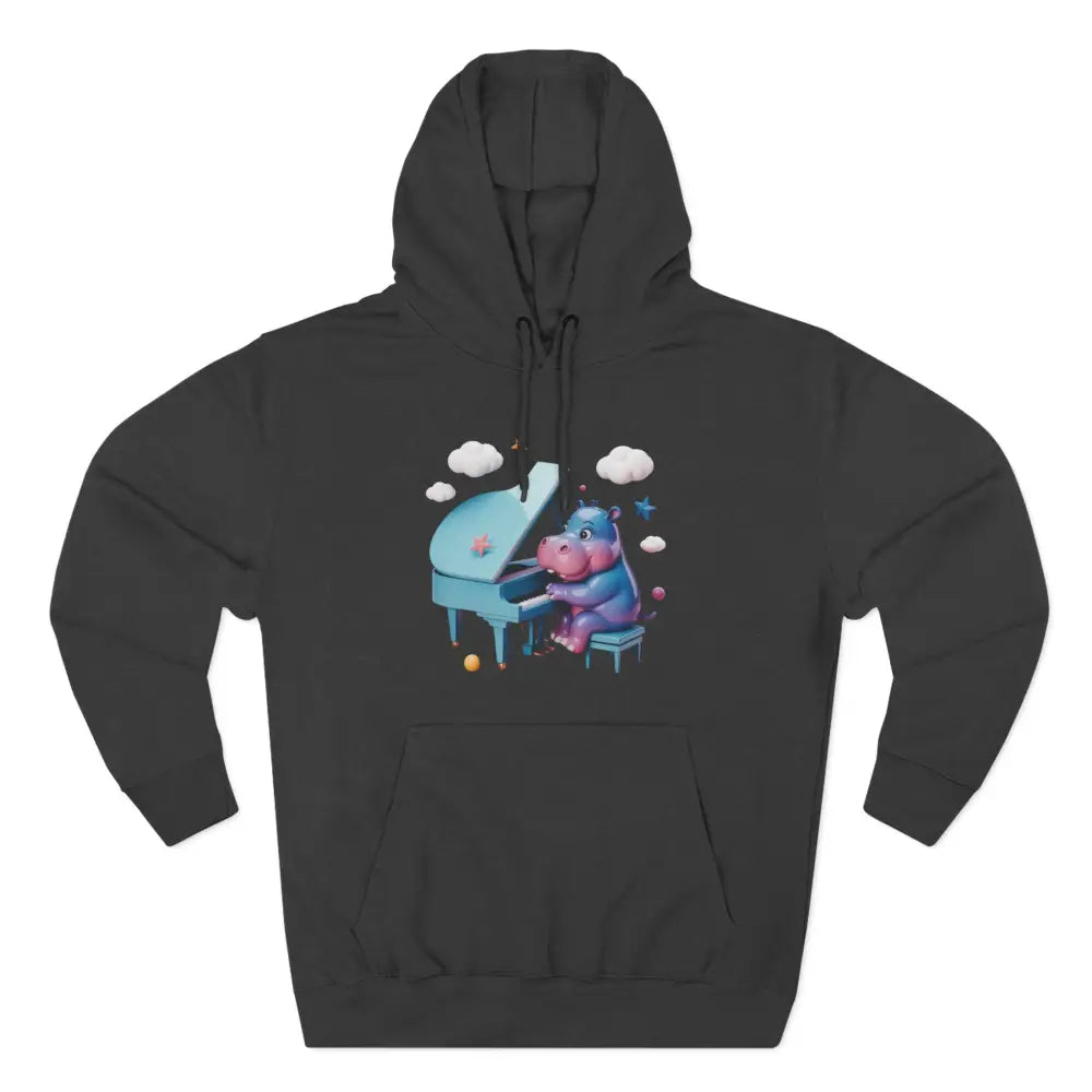 Dark grey fleece hoodie with playful cartoon hippo playing piano, cozy and delightful fleece hoodie for kids and teens