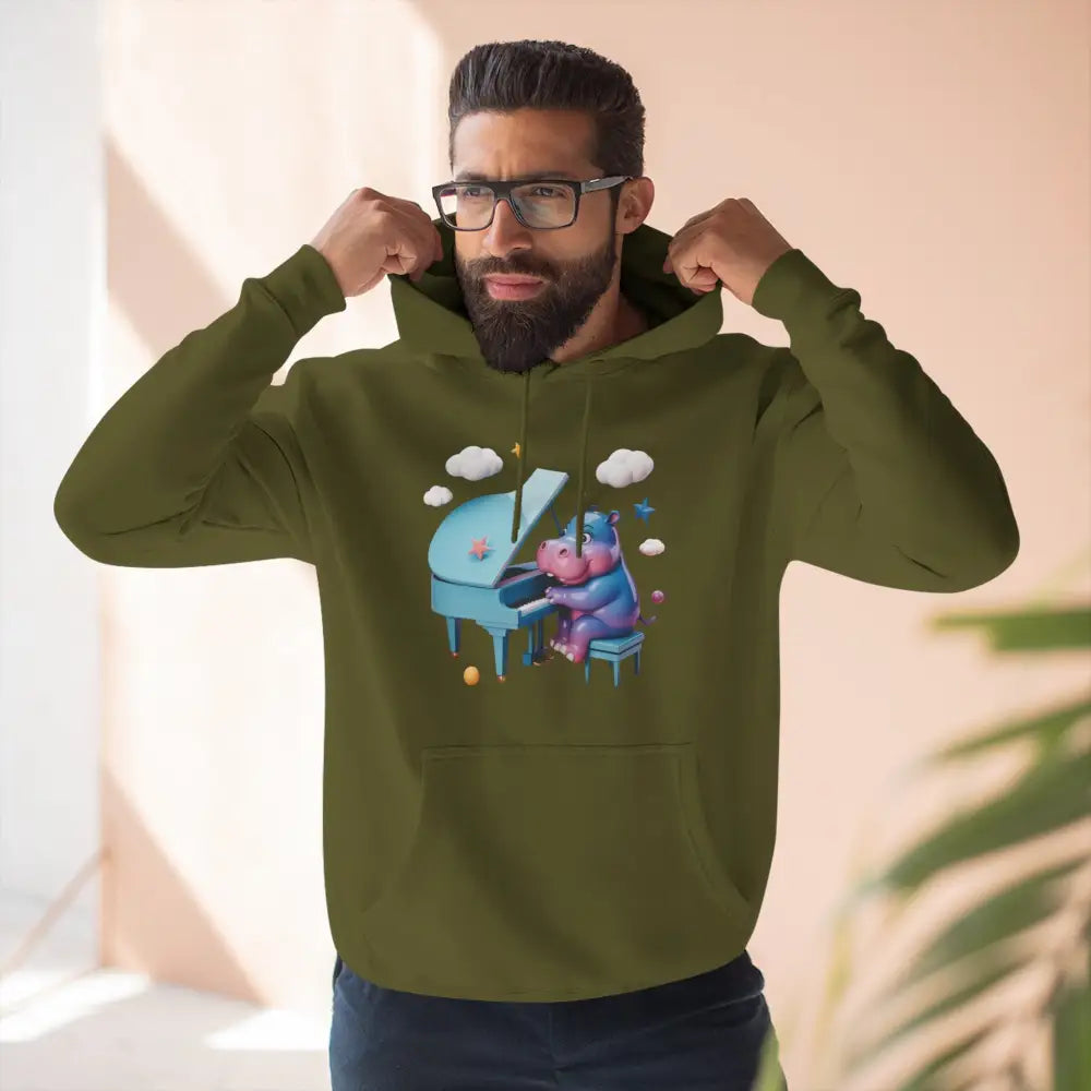 Cute hippo playing piano on a cozy fleece hoodie perfect for music lovers and kids
