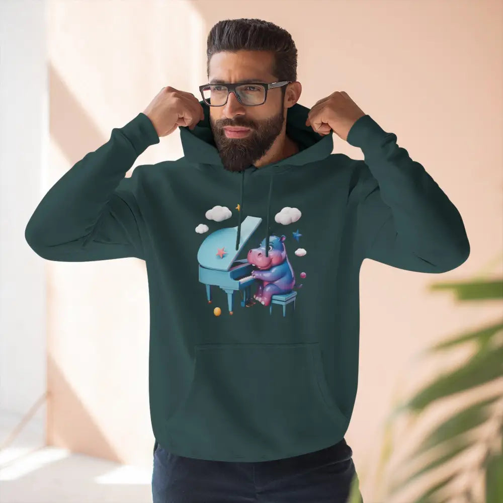 Dark green fleece hoodie with whimsical hippo playing piano, perfect for kids and teens