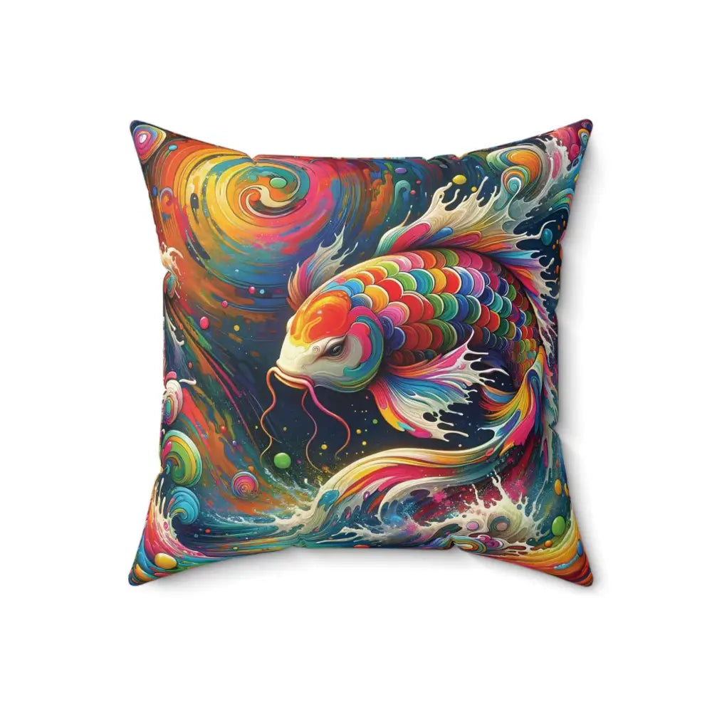 Decorative square pillow with vibrant multicolored koi fish and wave design by Honson Ventures Limited