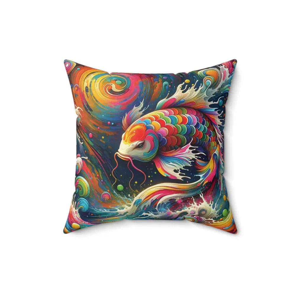 Decorative square pillow featuring vibrant multicolored koi fish design by Honson Ventures Limited