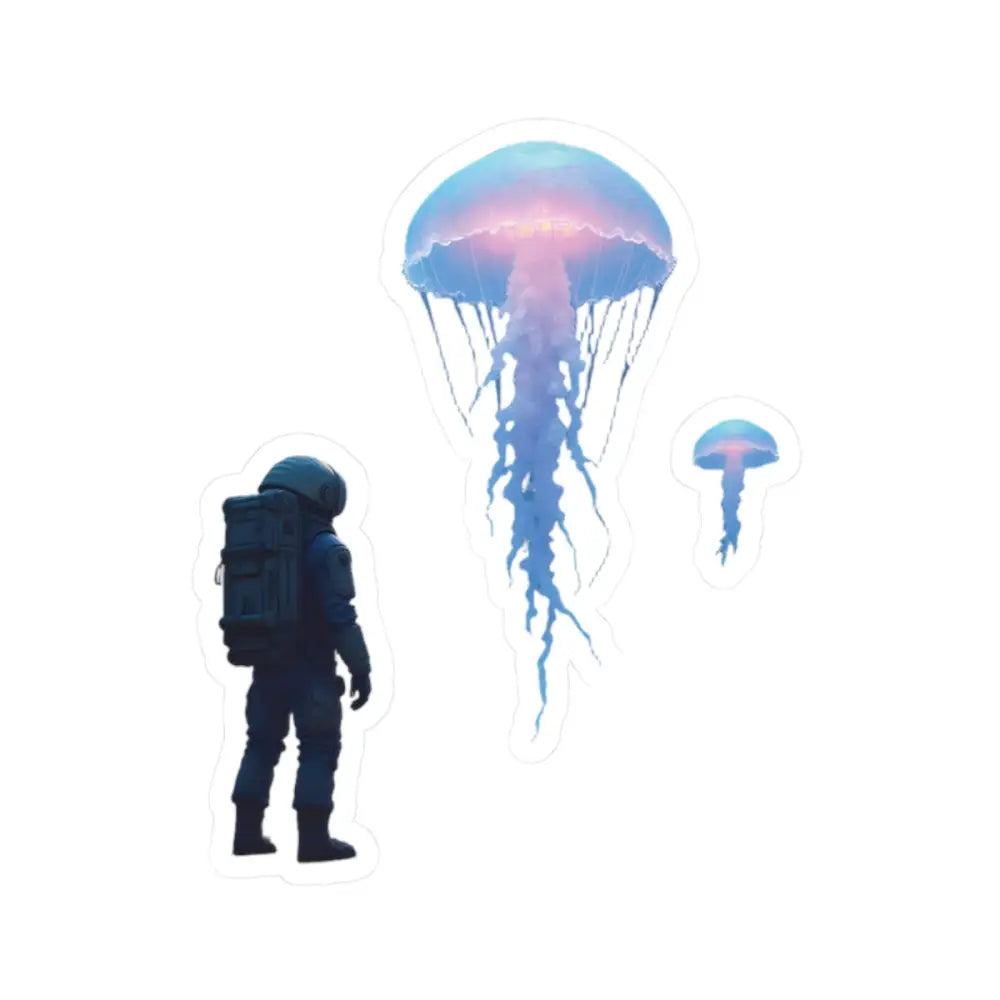 Astronaut observing glowing jellyfish, space-themed PixiOnyx Kiss-Cut Vinyl sticker