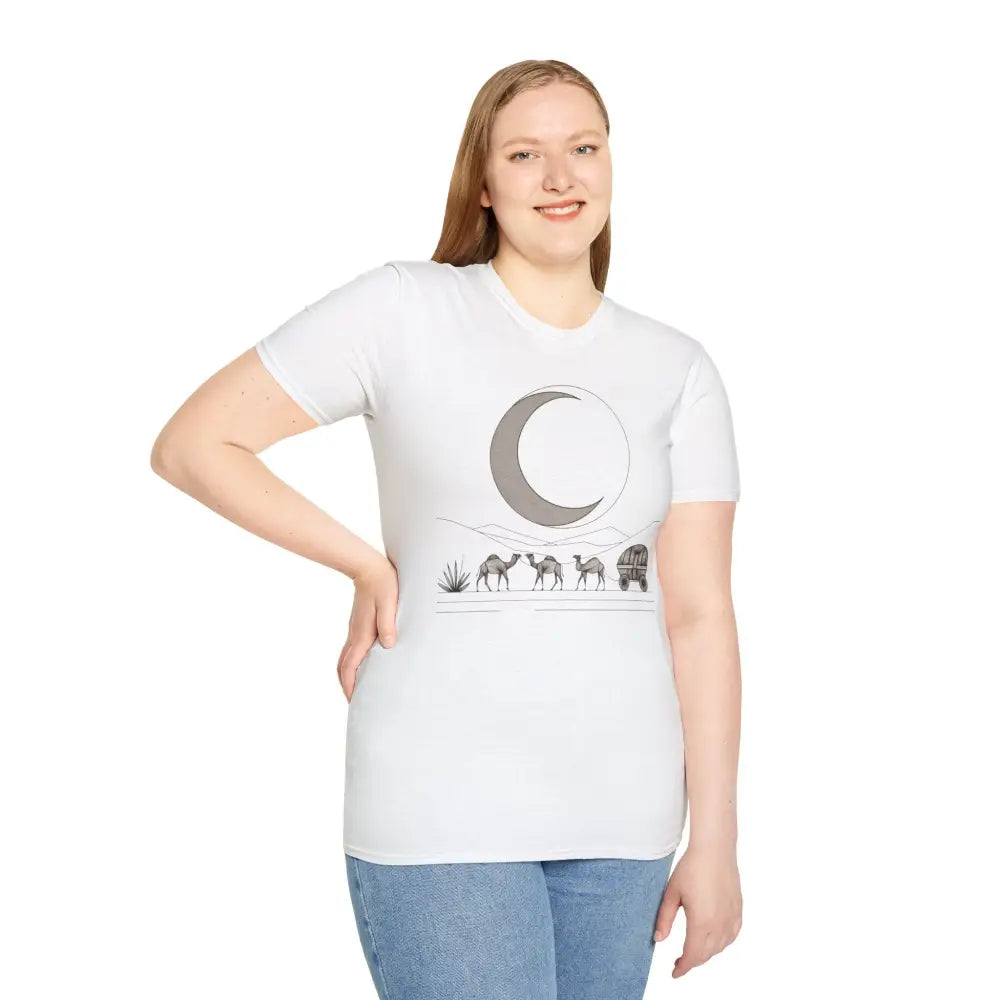 Woman wearing Desert Dreamscape Unisex Softstyle T-Shirt with ribbed knit collar