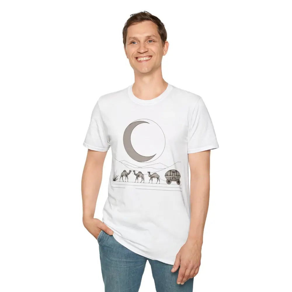Smiling man in desert-themed unisex softstyle t-shirt with moon and camels design