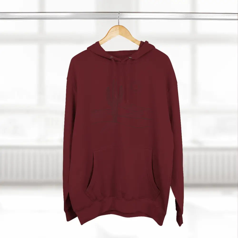 Maroon three-panel fleece hoodie with spacious kangaroo pocket on wooden hanger lane seven ls14001