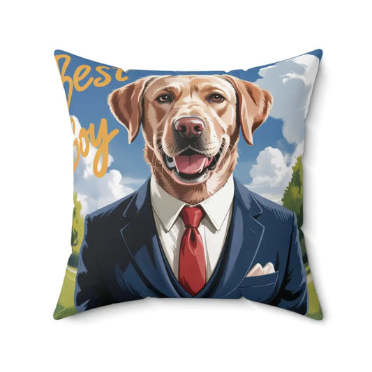 Decorative pillow cover featuring a golden retriever in a blue suit for home decor and gift ideas