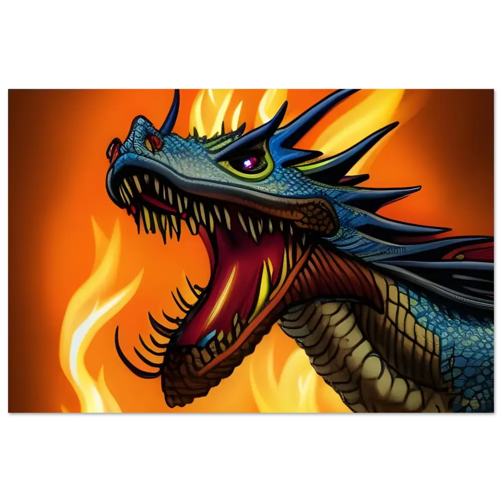 Blue dragon with fiery breath on Fantasy Poster Dragon’s Fury by PixiOnyx