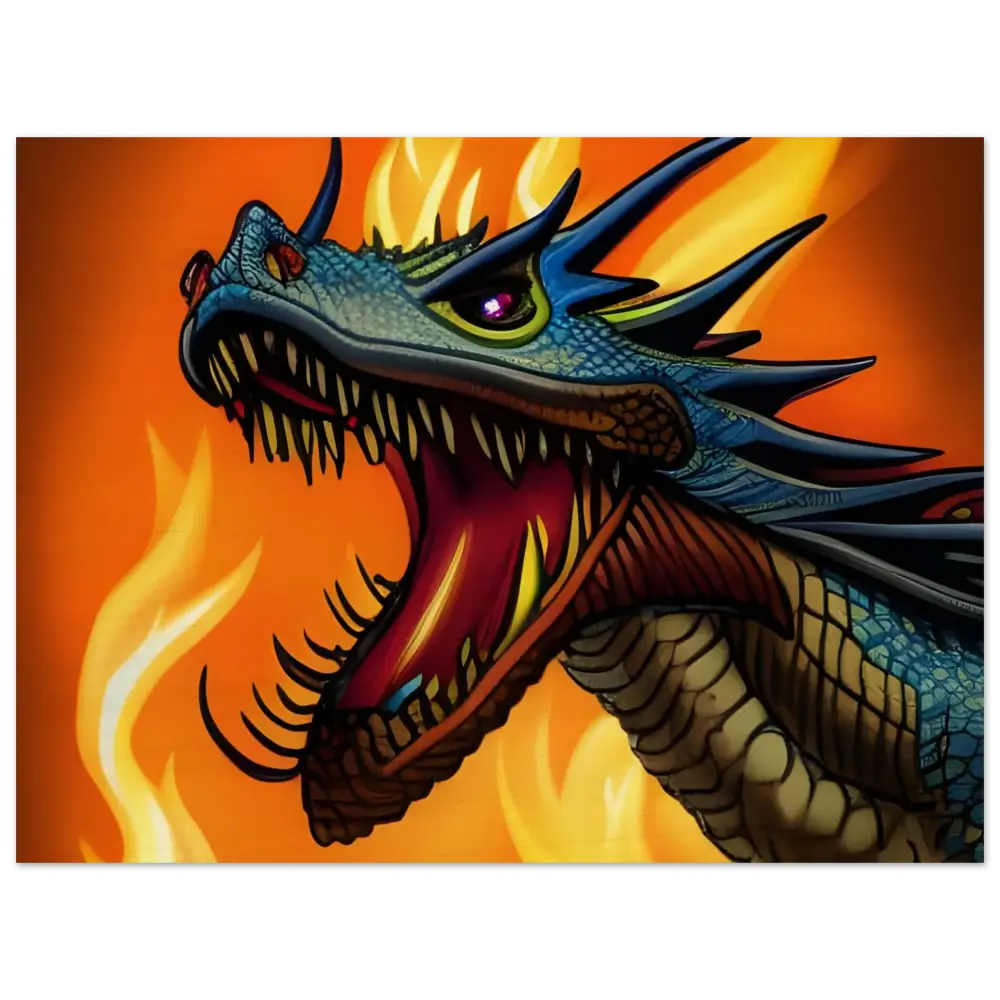 Fearsome blue dragon head wood panel wall art in Dragon’s Fury by PixiOnyx