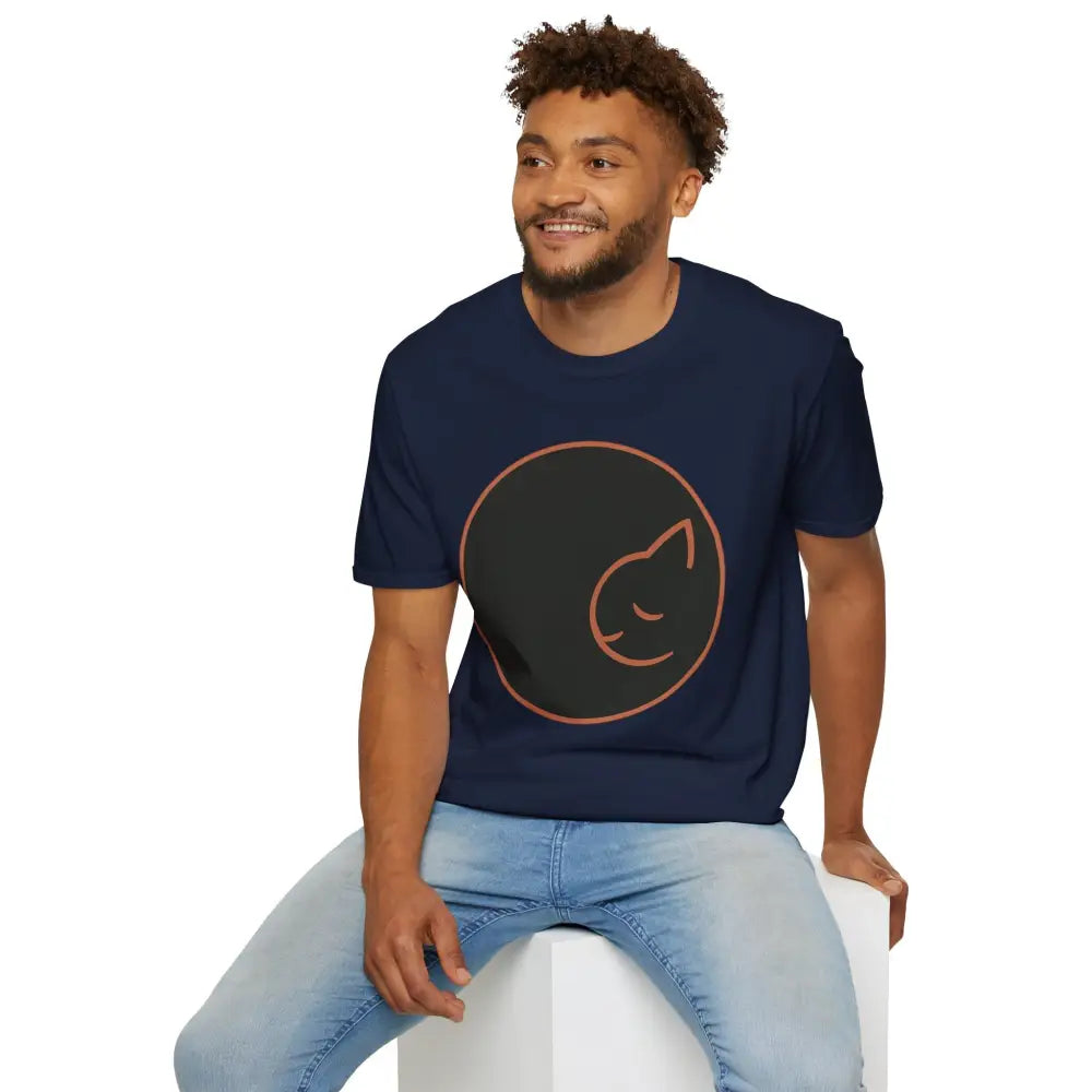 Man wearing a dark blue Dreamy Cat Graphic T-Shirt made of ring-spun cotton for cat lovers