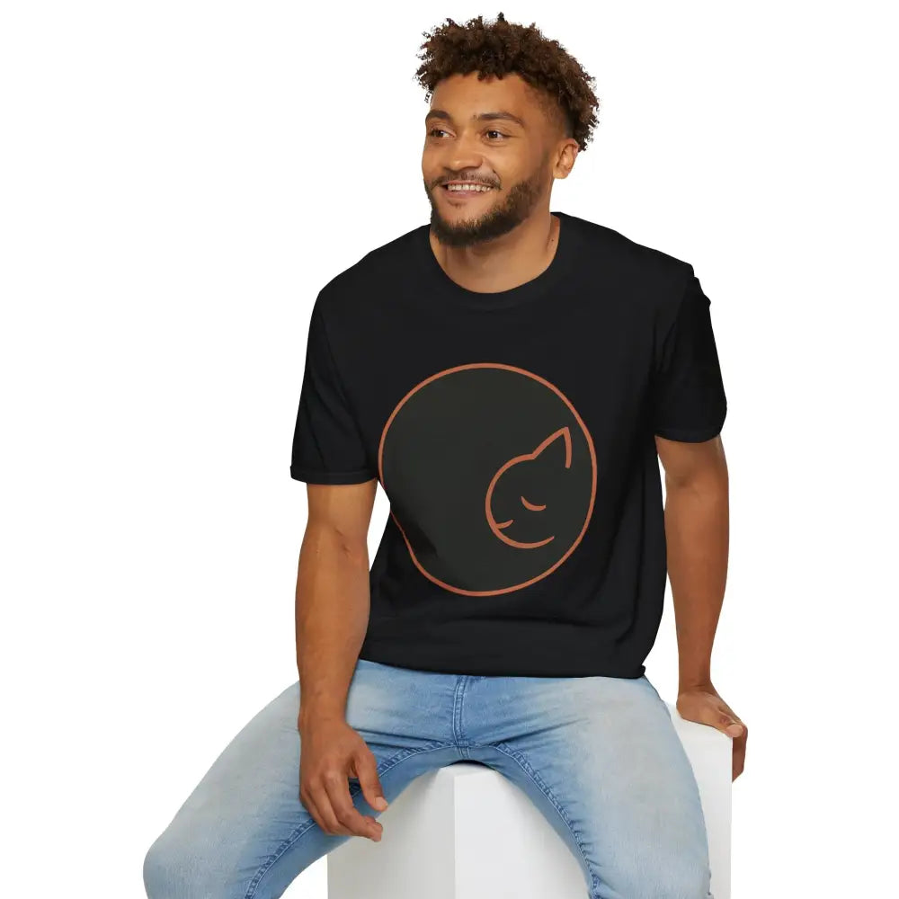 Black T-shirt with a sleeping cat circle design, made of ring-spun cotton for cat lovers