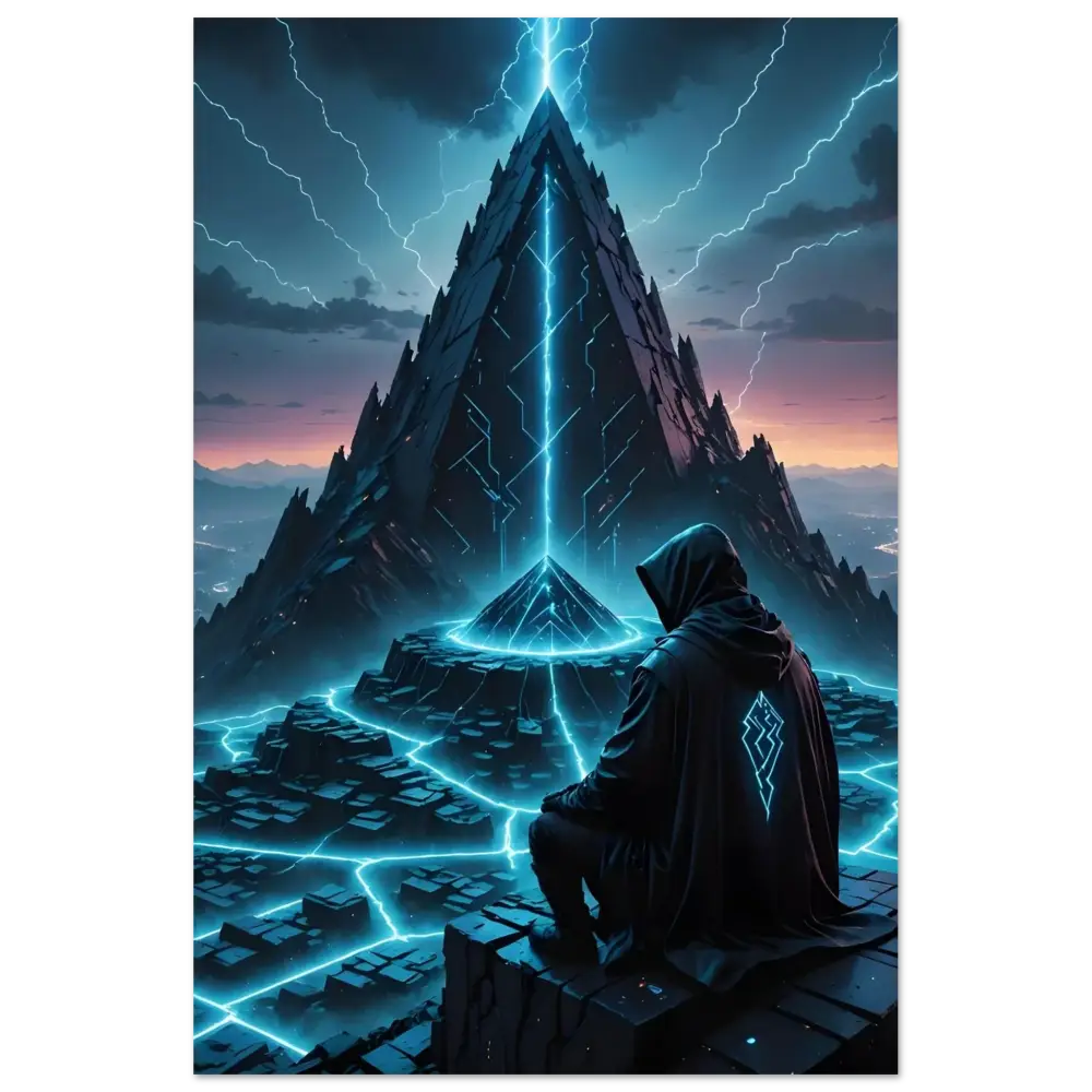 Hooded figure standing before a glowing pyramid on Electric Ascension Aluminum Wall Art