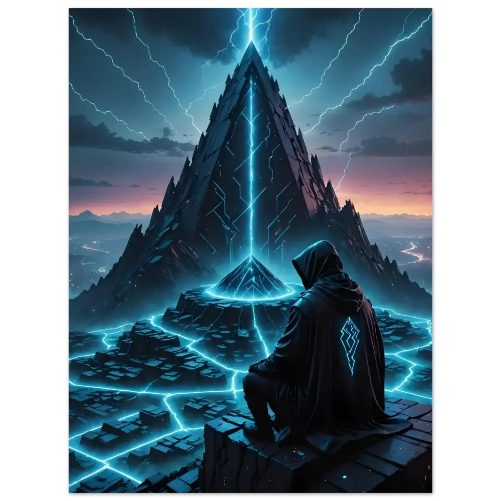 Futuristic pyramid with lightning showcasing Electric Ascension Aluminum Wall Art