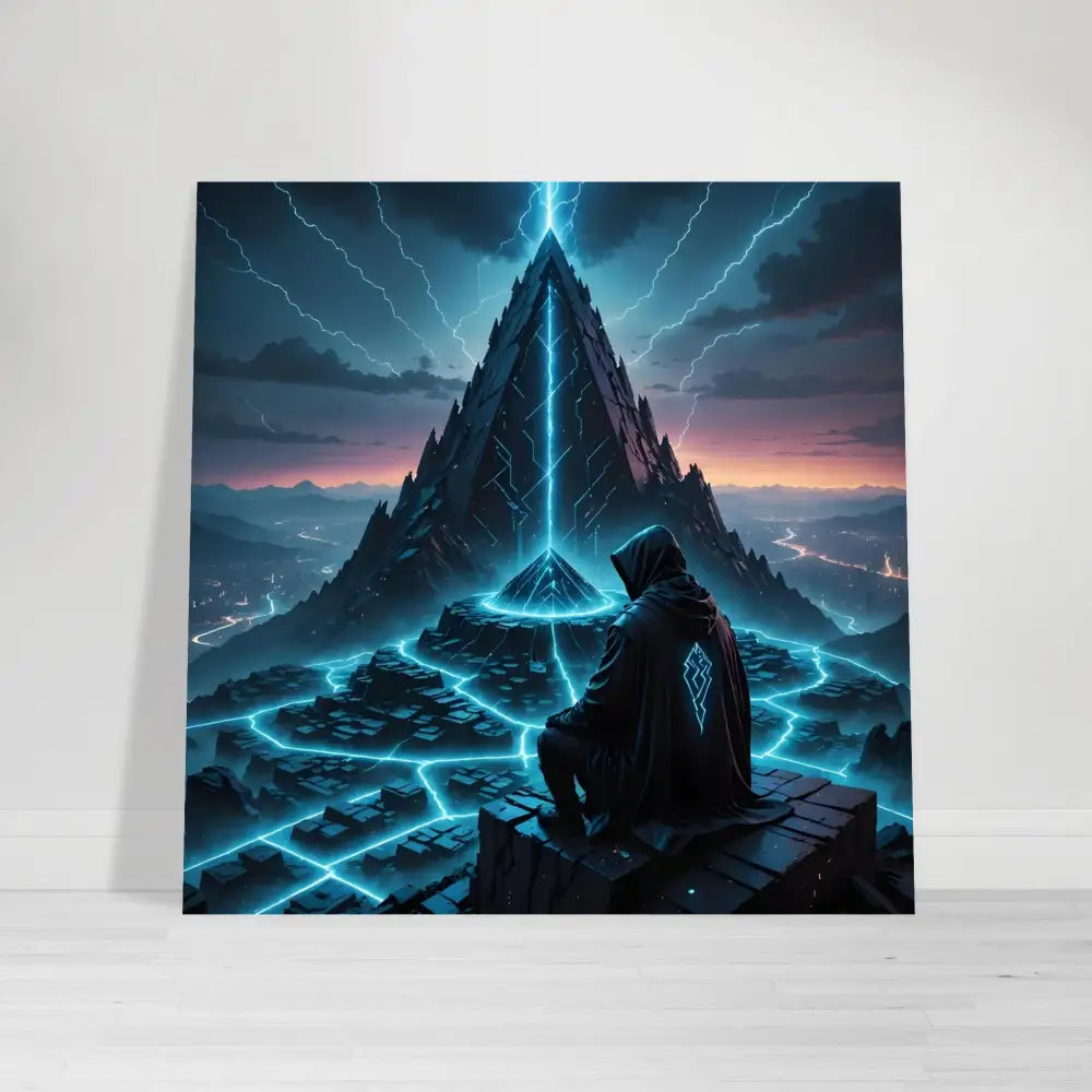 Hooded figure overlooking a futuristic mountain in Electric Ascension Fine Art Poster by PixiOnyx