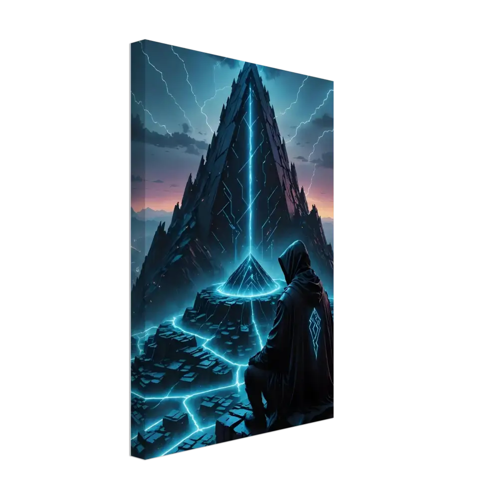 Mystical hooded figure standing before a glowing Pyramid on Electric Ascension Wrapped Canvas