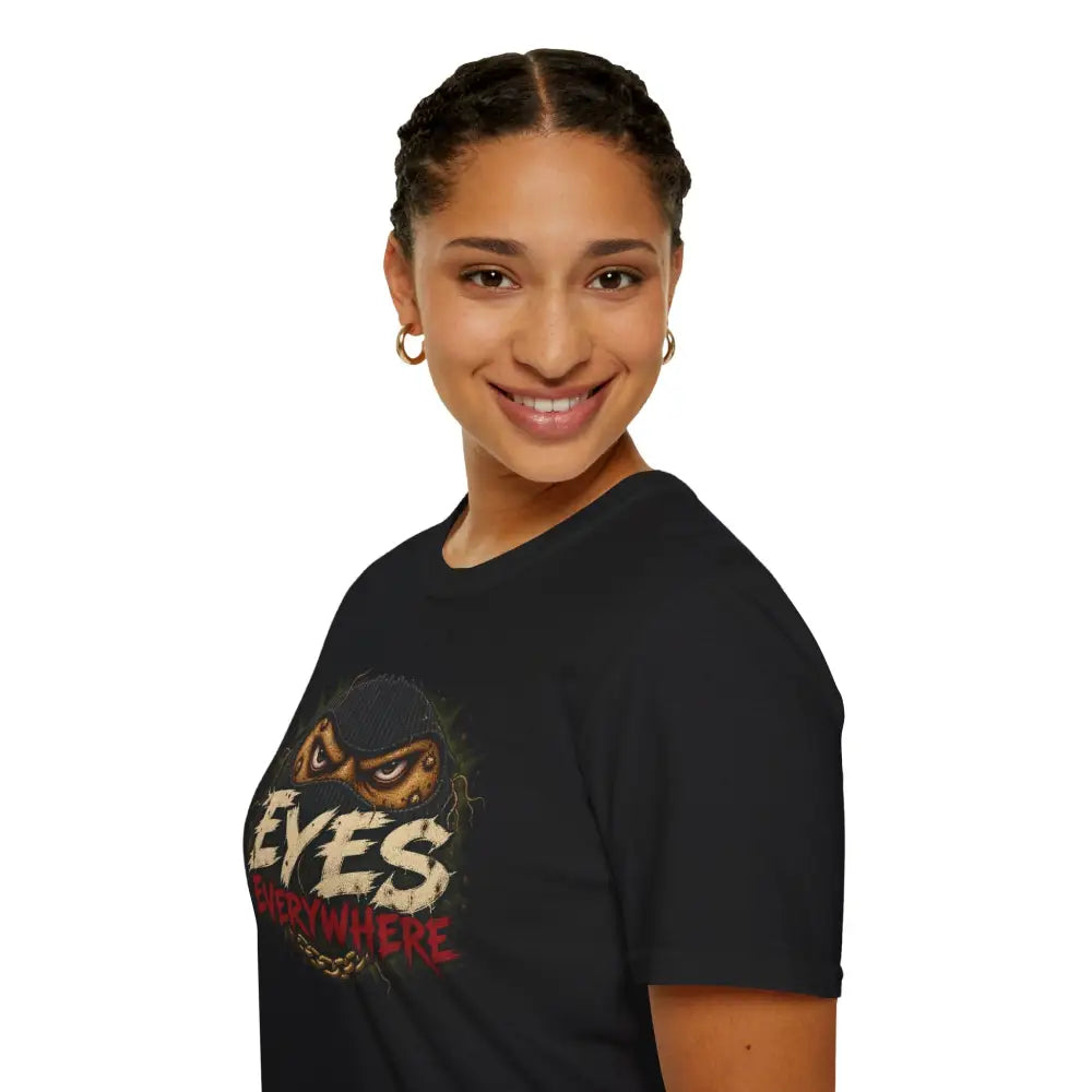 Black eyes everywhere t-shirt made of ring-spun cotton with ribbed collar and low heat graphic of intense monkey eyes