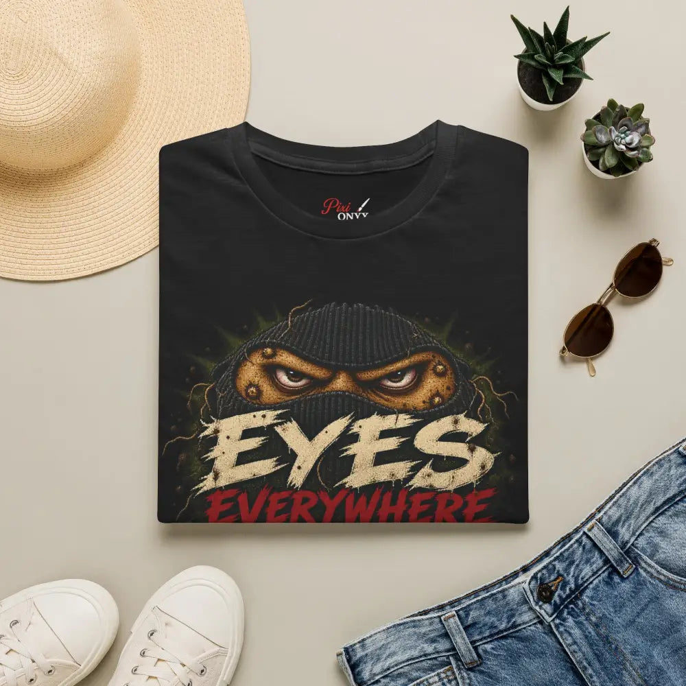 Black eyes everywhere t-shirt with creepy masked eyes graphic made of ring-spun cotton with ribbed collar and low heat care
