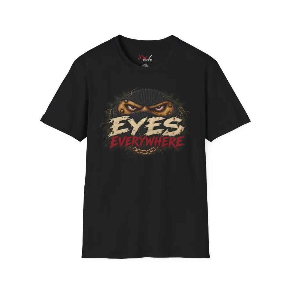 Black eyes everywhere t-shirt featuring creepy masked eyes graphic on low heat ring-spun cotton with ribbed collar