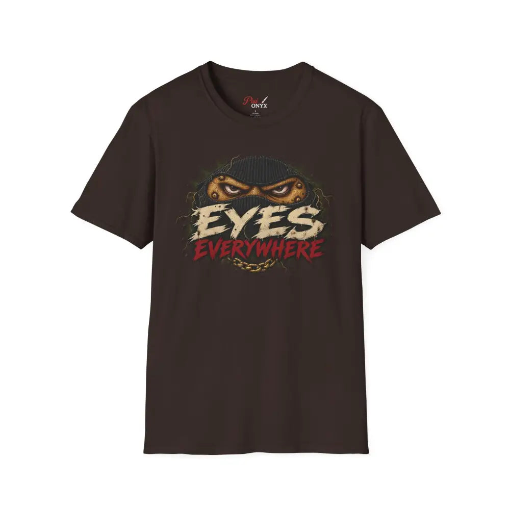Dark brown eyes everywhere t-shirt featuring creepy masked eyes graphic on ring-spun cotton with ribbed collar for low heat care