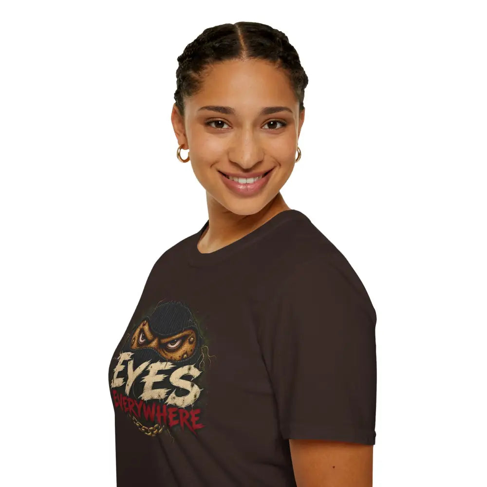 Dark gray eyes everywhere t-shirt with creepy masked monkey graphic made of ring-spun cotton with ribbed collar and low heat care