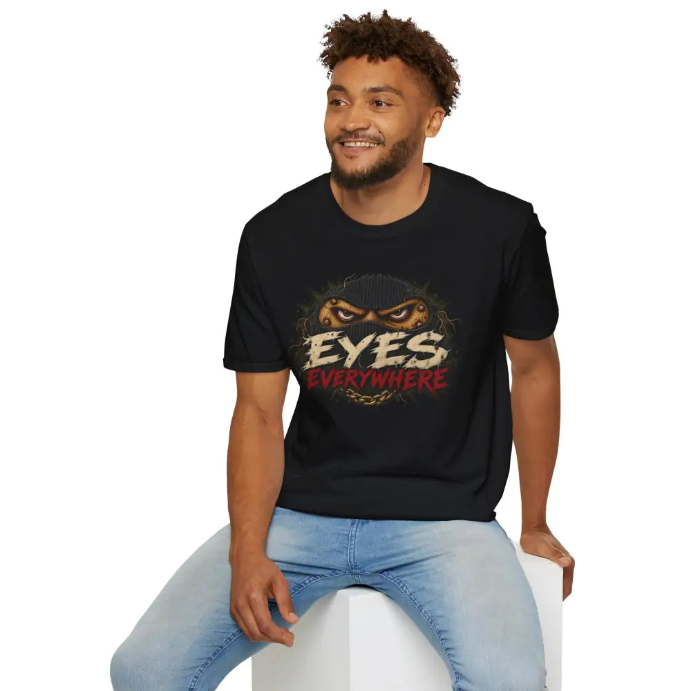 Black ring-spun cotton eyes everywhere t-shirt with creepy masked eyes graphic and ribbed collar, low heat care recommended