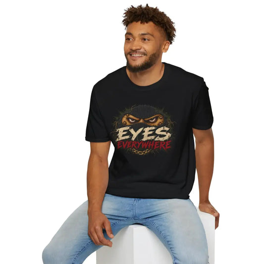 Black ring-spun cotton eyes everywhere t-shirt with creepy masked eyes graphic and ribbed collar, low heat care recommended
