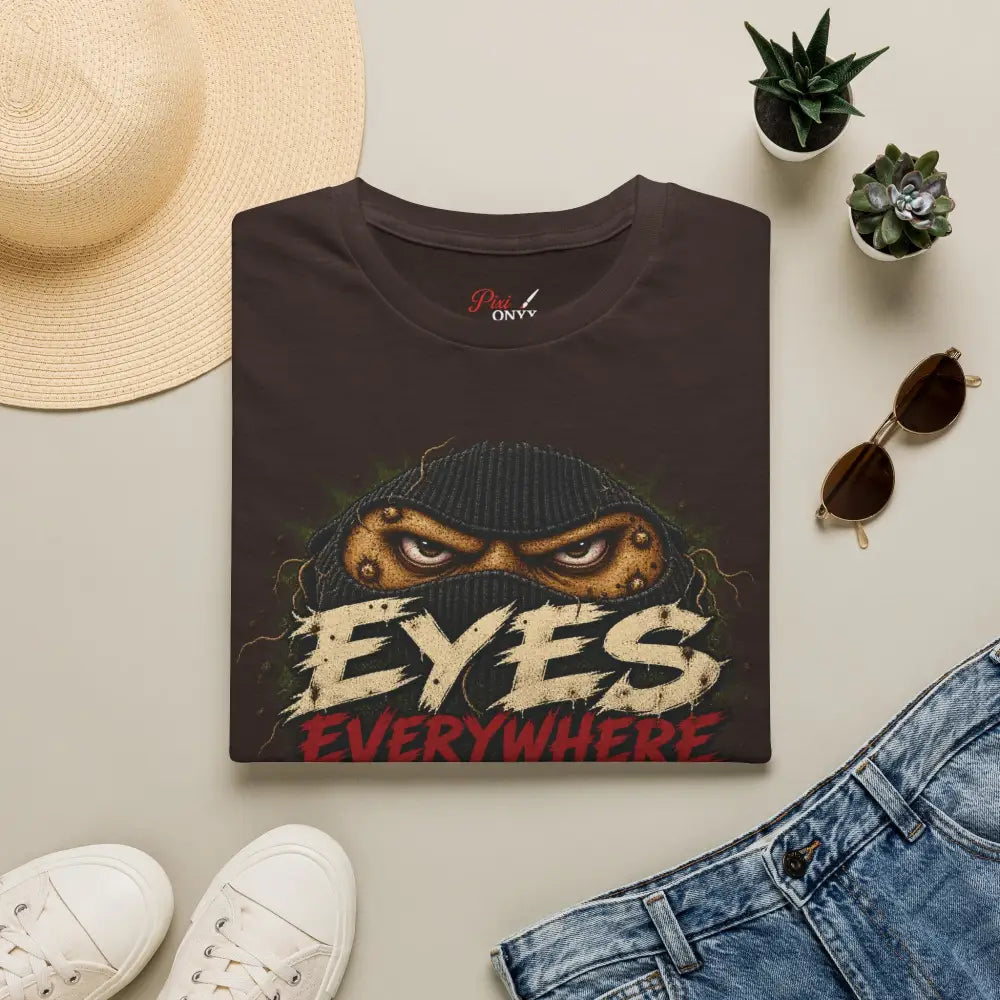 Dark brown eyes everywhere t-shirt featuring creepy masked eyes graphic on ring-spun cotton with ribbed collar and low heat care