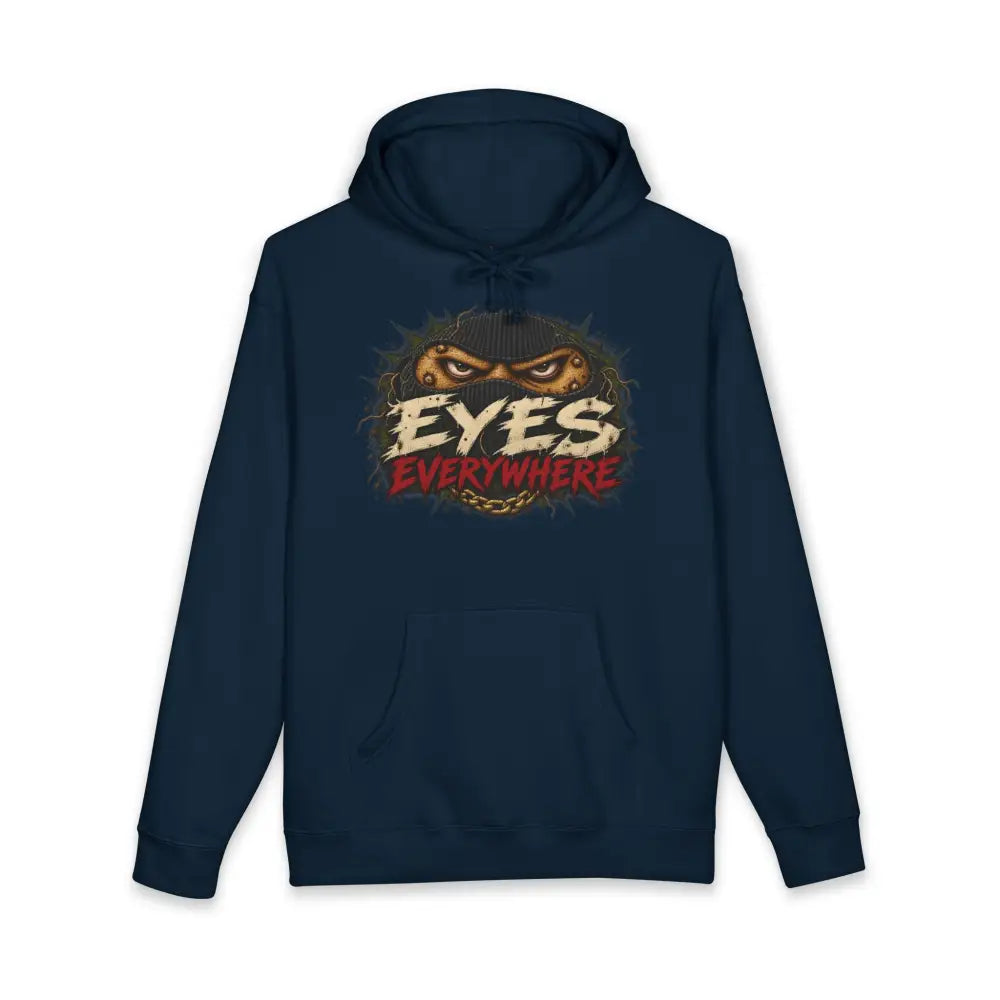 Navy blue eyes everywhere unisex hoodie with graphic design by gangster potato, machine wash max 30c care instructions