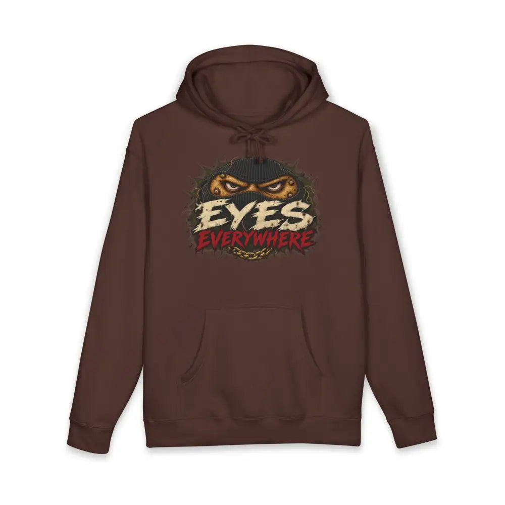 Brown eyes everywhere unisex hoodie with distressed graphic eyes and text, machine wash max 30c care instructions