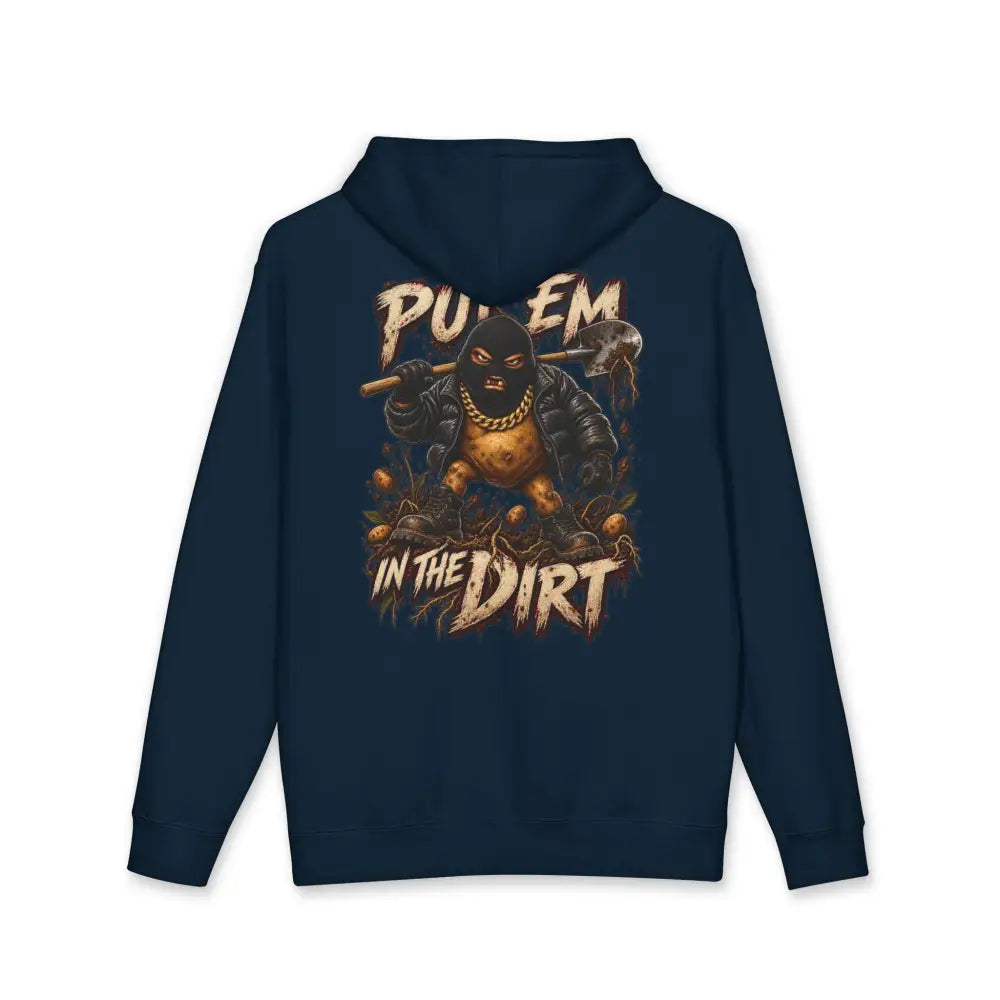 Navy blue eyes everywhere unisex hoodie with bold masked figure graphic and pull em in the dirt text machine wash max 30c