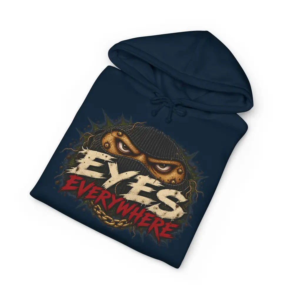Navy blue eyes everywhere unisex hoodie with graphic print machine wash max 30c care instructions included