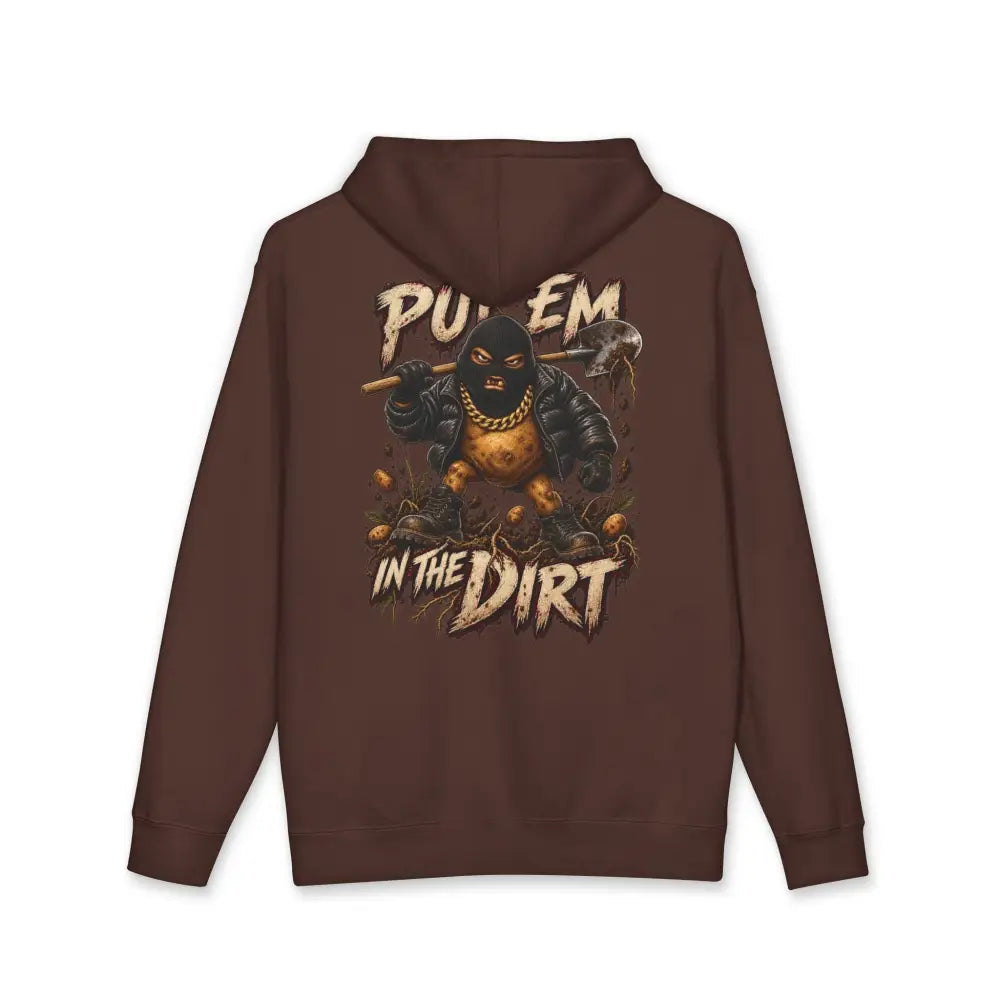 Brown eyes everywhere unisex hoodie with put em in the dirt graphic of masked figure holding axe care instructions machine wash max 30c
