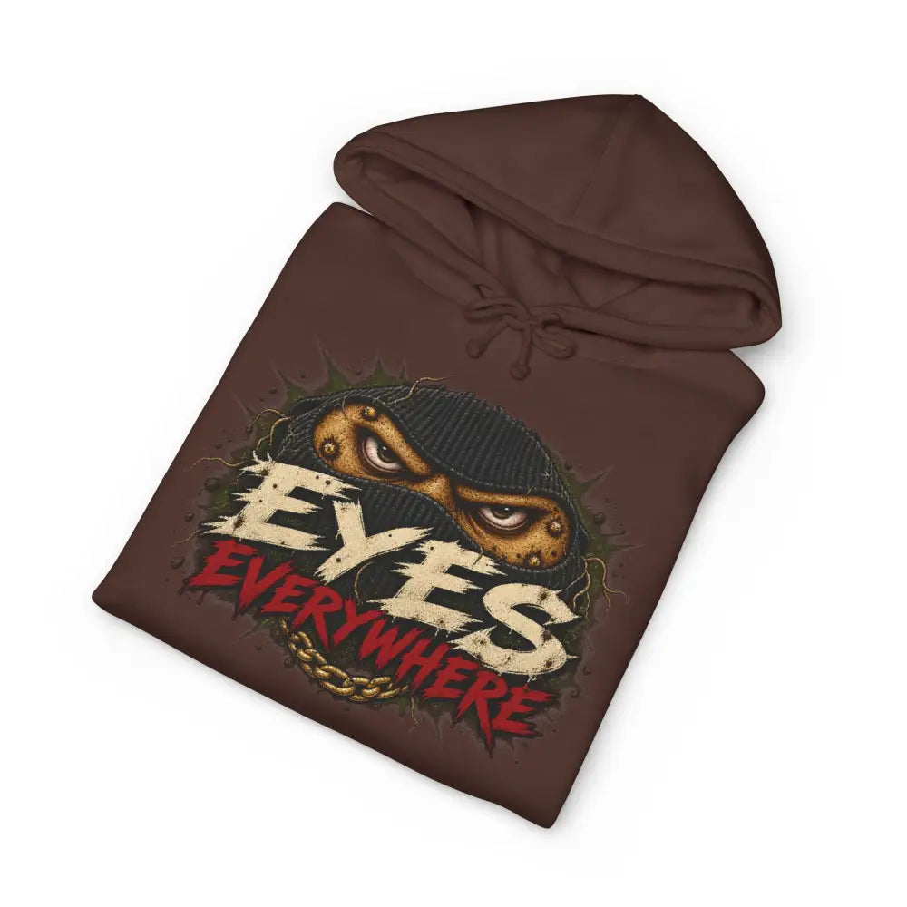 Brown unisex hoodie with intense masked figure graphic and eyes everywhere text machine wash max 30c care instructions