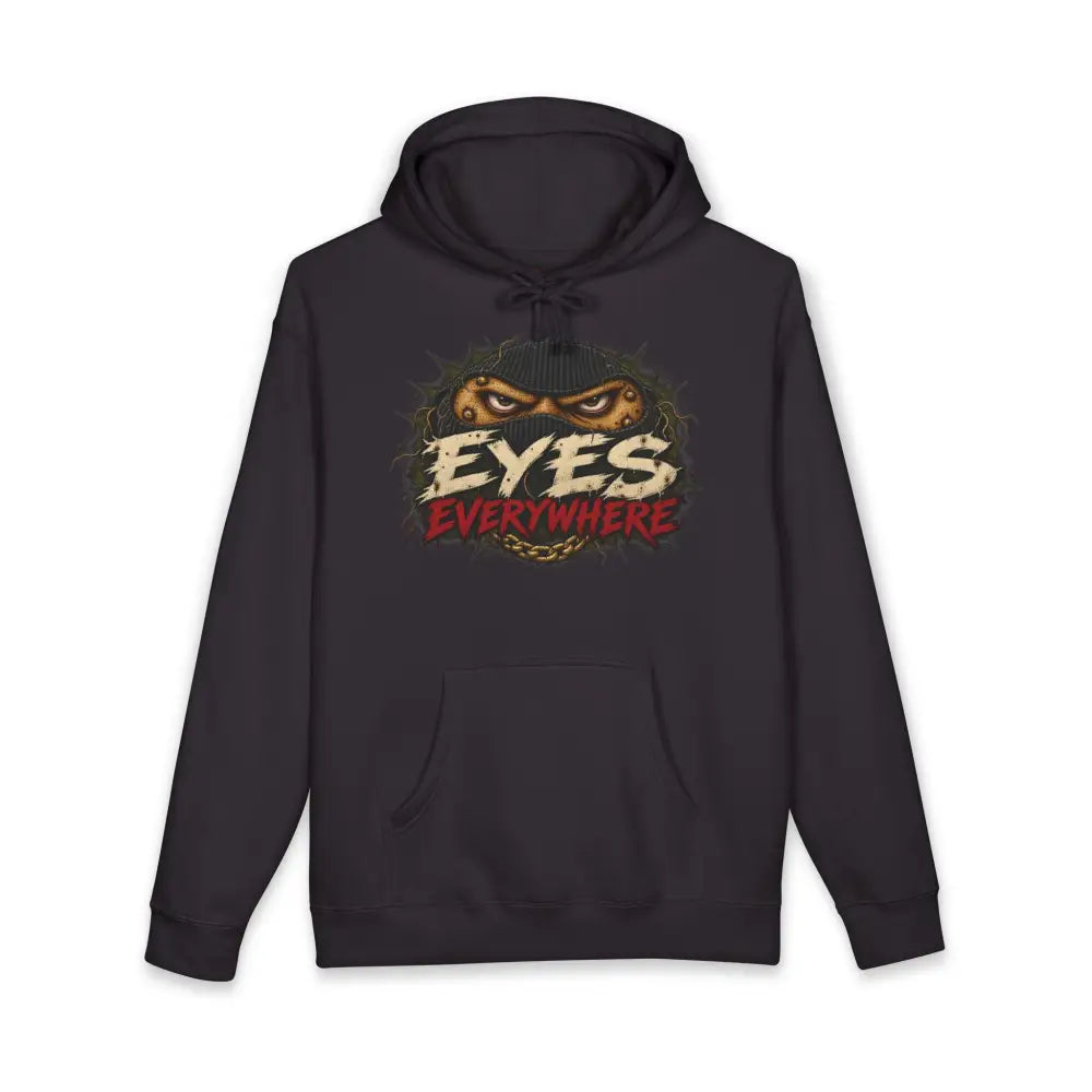 Black unisex hoodie with eyes graphic and eyes everywhere text, care instructions machine wash max 30c for best wear