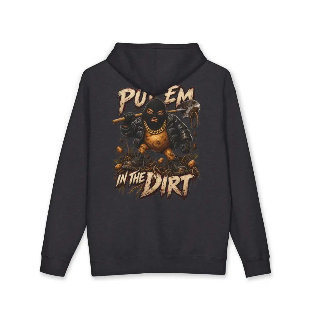 Black eyes everywhere unisex hoodie with bold masked figure and axe graphic and pull em in the dirt text machine wash max 30c