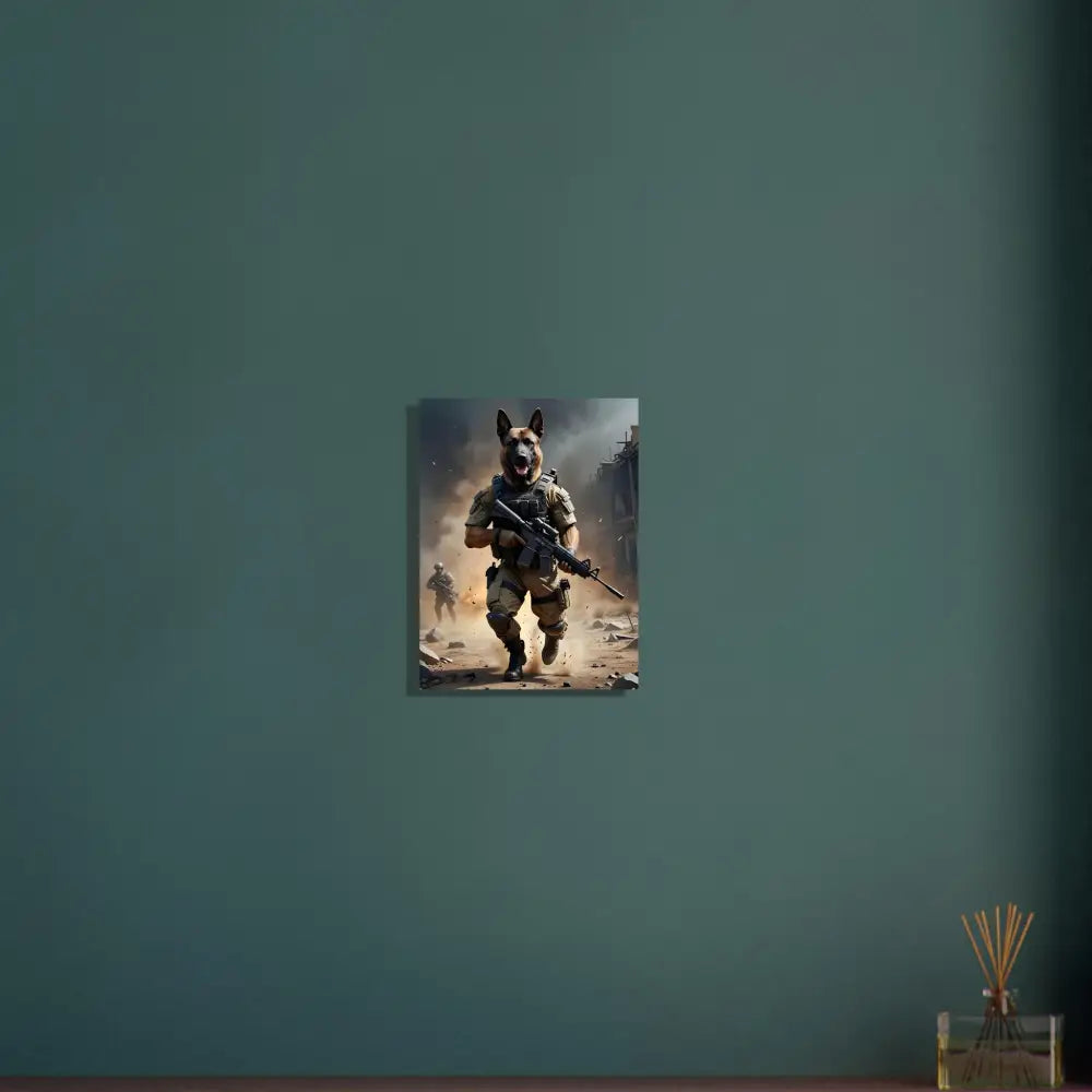 Ultra-detailed Fine Art Poster of an Anthropomorphic Dog Soldier titled Battlehound Vanguard
