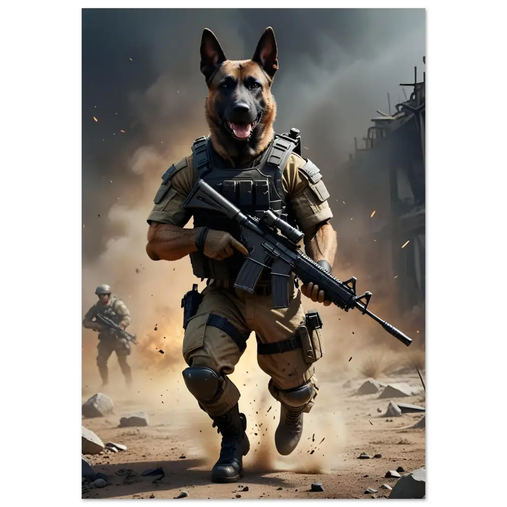 Ultra-detailed Fine Art Poster of an anthropomorphic dog soldier called Battlehound Vanguard