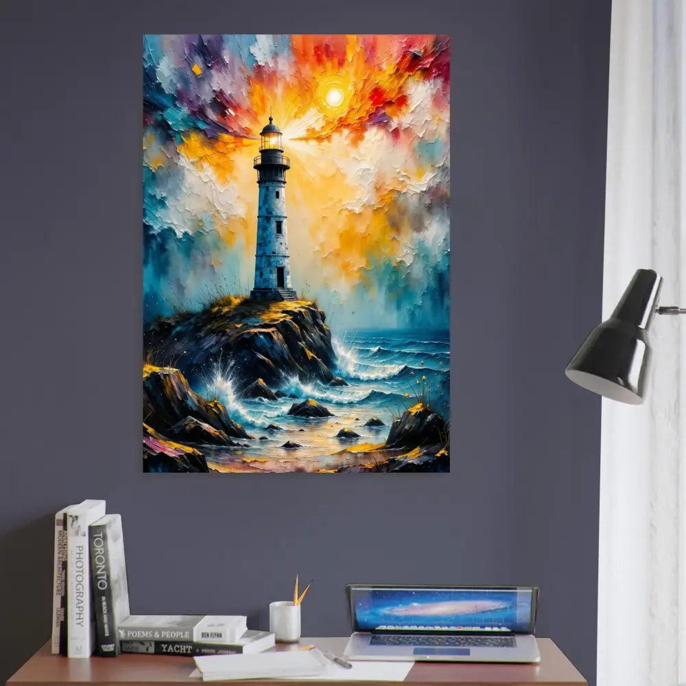Fine art poster of a lone lighthouse stands defiantly on a vibrant rocky coast