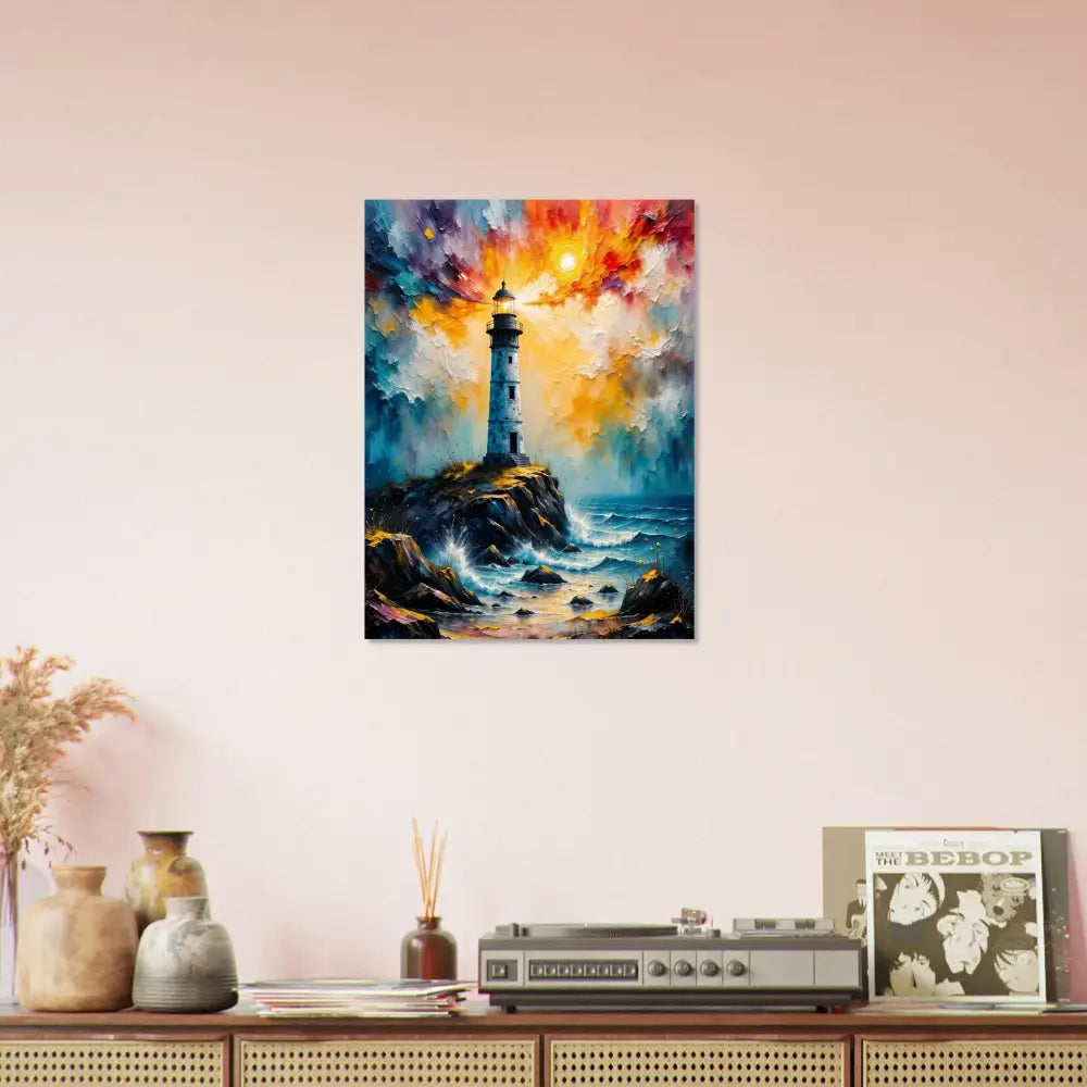 Fine art poster of a lone lighthouse stands defiantly on rocky coast with dramatic sky