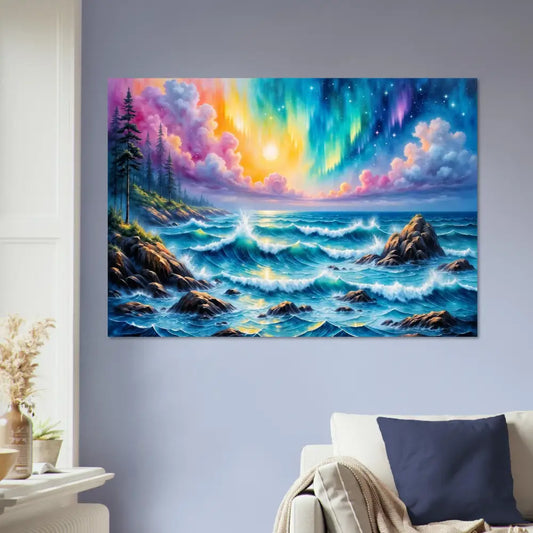 Vibrant fine art poster of celestial tide with sunset and aurora borealis sky where waves crash