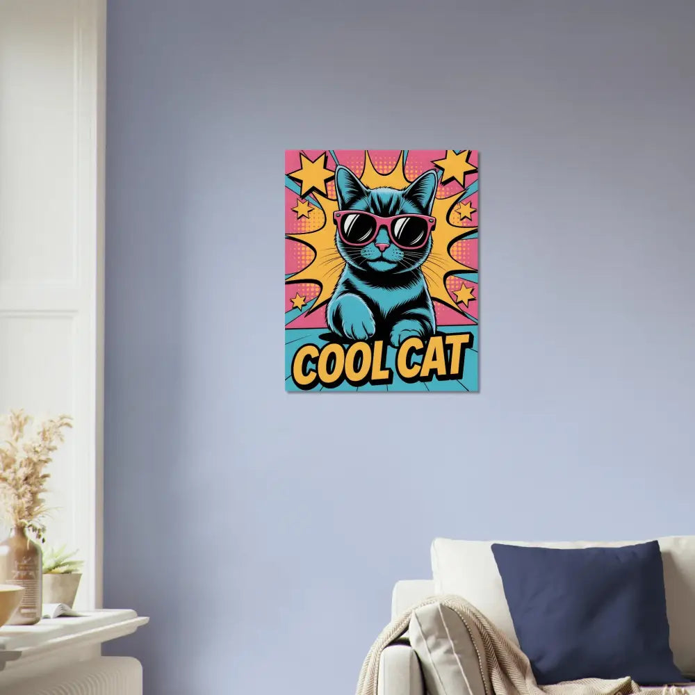 Pop art style cat with pink sunglasses in a comic book design, ultra-sharp 12-color giclée fine art poster