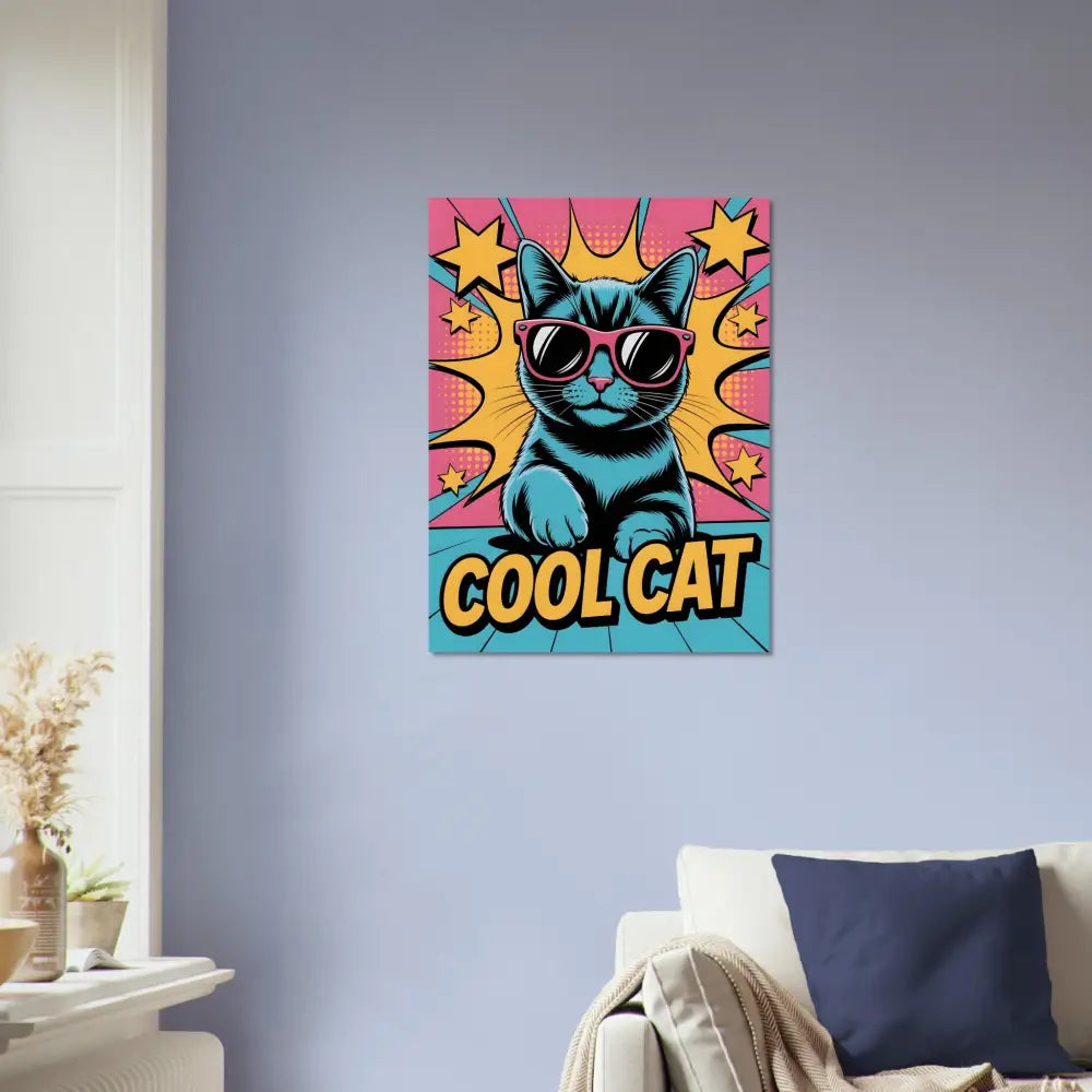 Pop art style fine art canvas print of a cool cat wearing sunglasses in ultra-sharp 12-color giclée finish