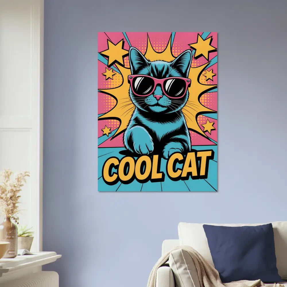 Fine art canvas print of a blue cat with pink sunglasses and COOL CAT text in pop art style