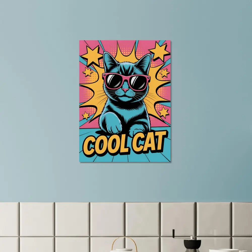 Fine art Pop art style canvas print of a cool cat wearing sunglasses, ultra-sharp 12-color giclée