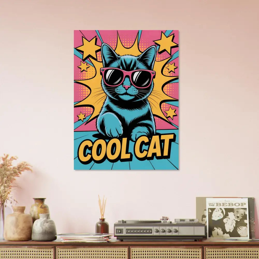 Fine art pop art poster of a cool cat with pink sunglasses in ultra-sharp 12-color giclée style