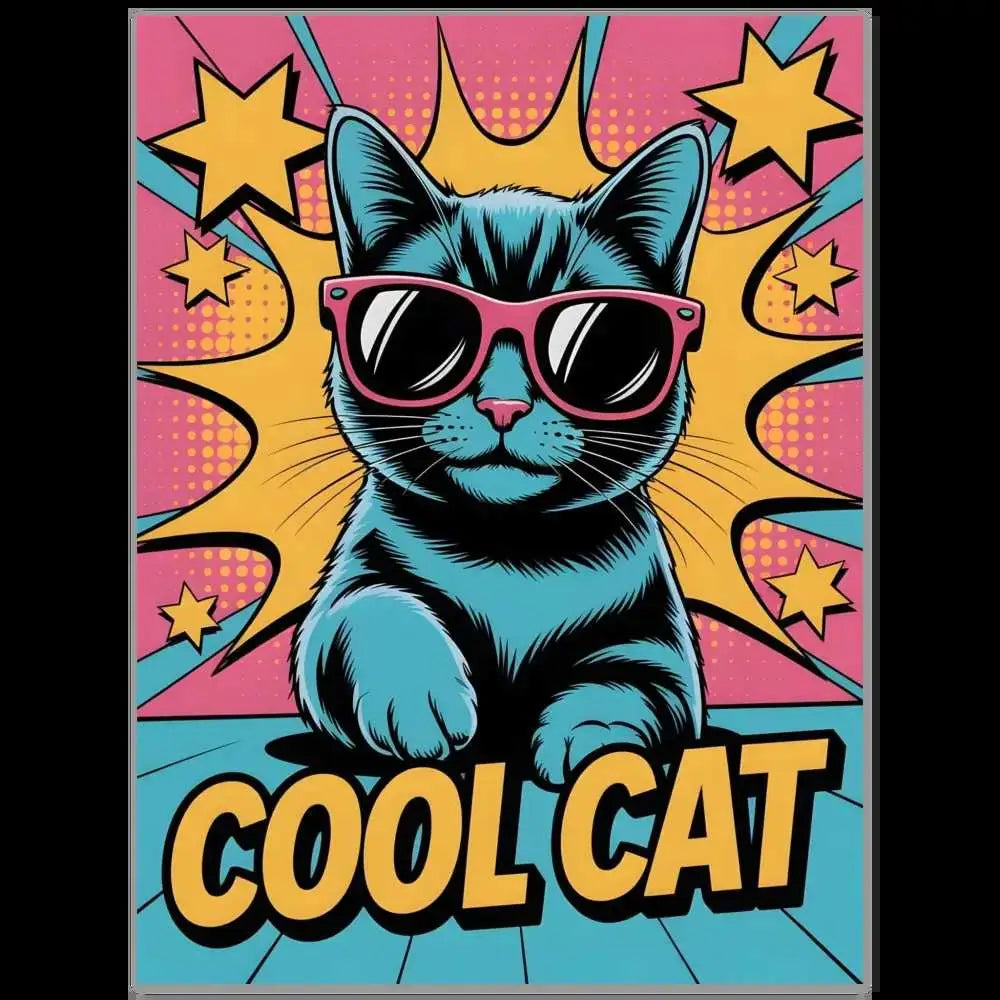 Blue cat in pink sunglasses, pop art style, fine art, ultra-sharp 12-color giclée print